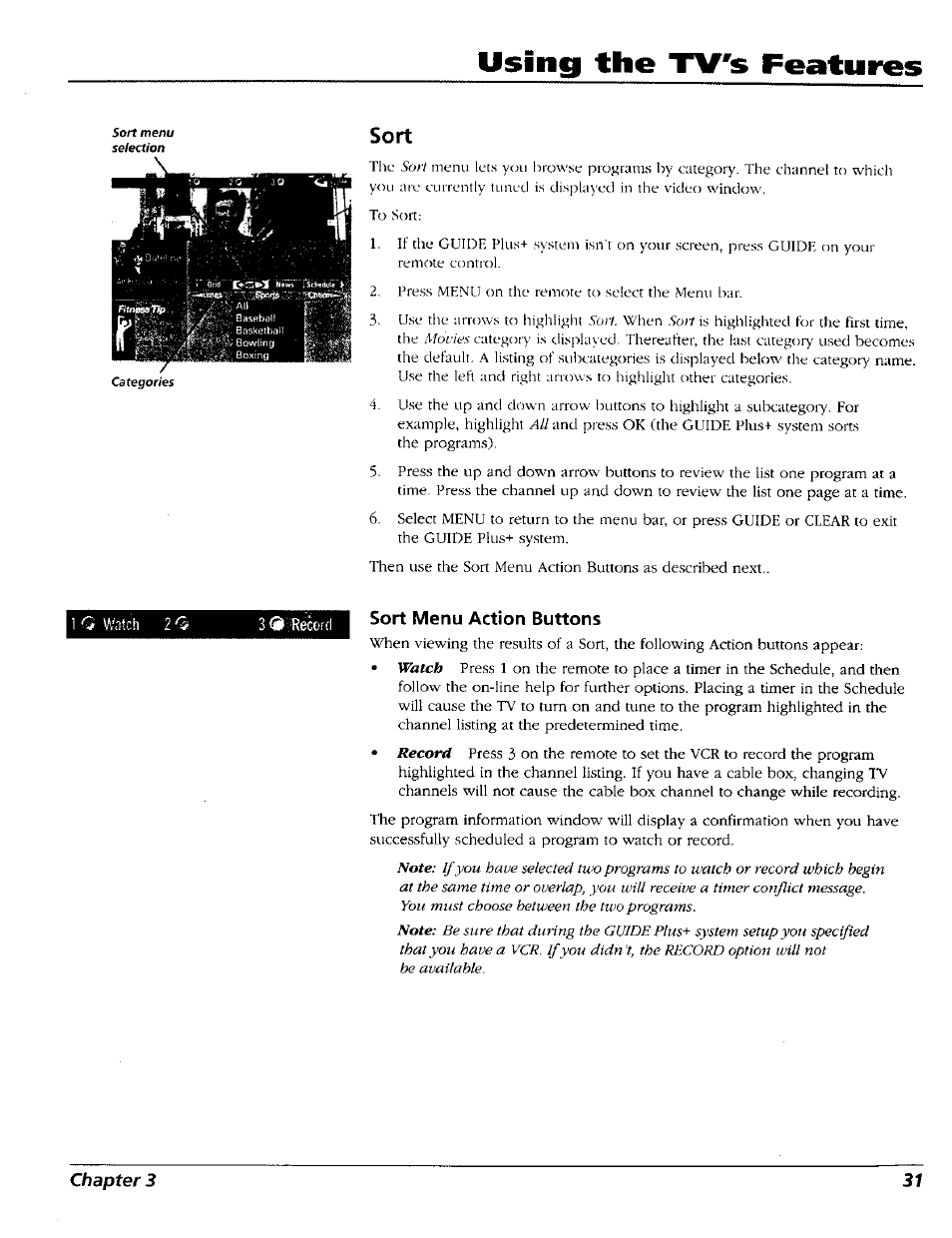 Sort, Sort menu action buttons, Using the tv's features | RCA 15491880 User Manual | Page 33 / 64