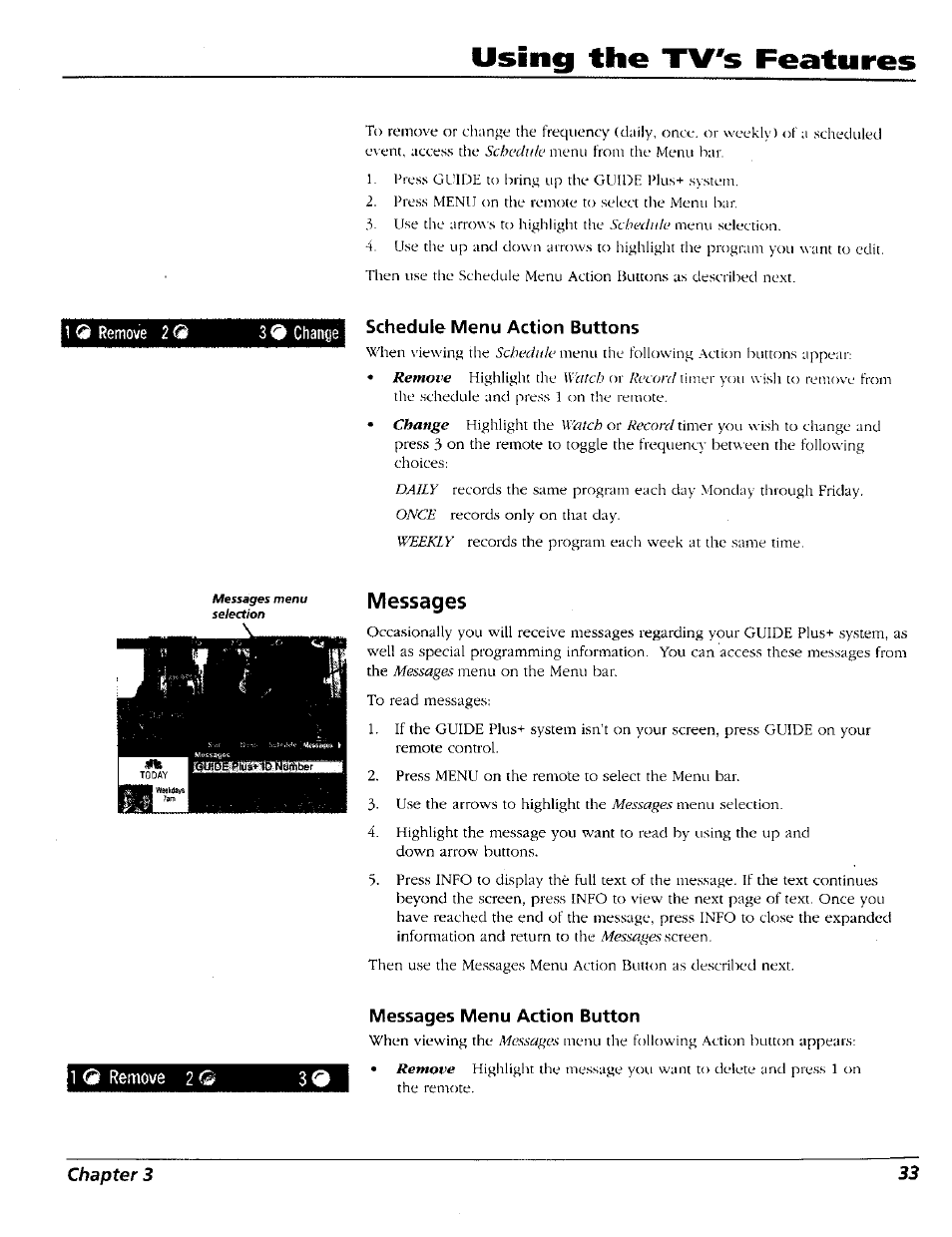 Schedule menu action buttons, Messages, Messages menu action button | Using the tv's features | RCA 15491880 User Manual | Page 35 / 64