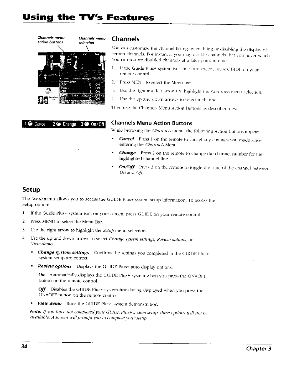 Channels, Channels menu action buttons, Setup | Using the tv's features, Ф cancel 2 9 change 3, On/off channels menu action buttons | RCA 15491880 User Manual | Page 36 / 64