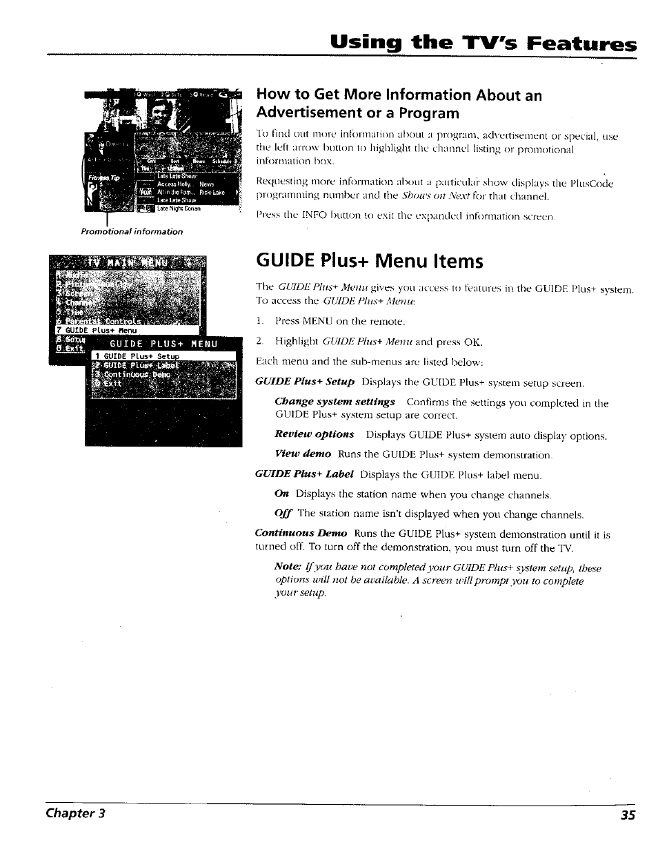 Guide plus+ menu items, Using the tv's features | RCA 15491880 User Manual | Page 37 / 64