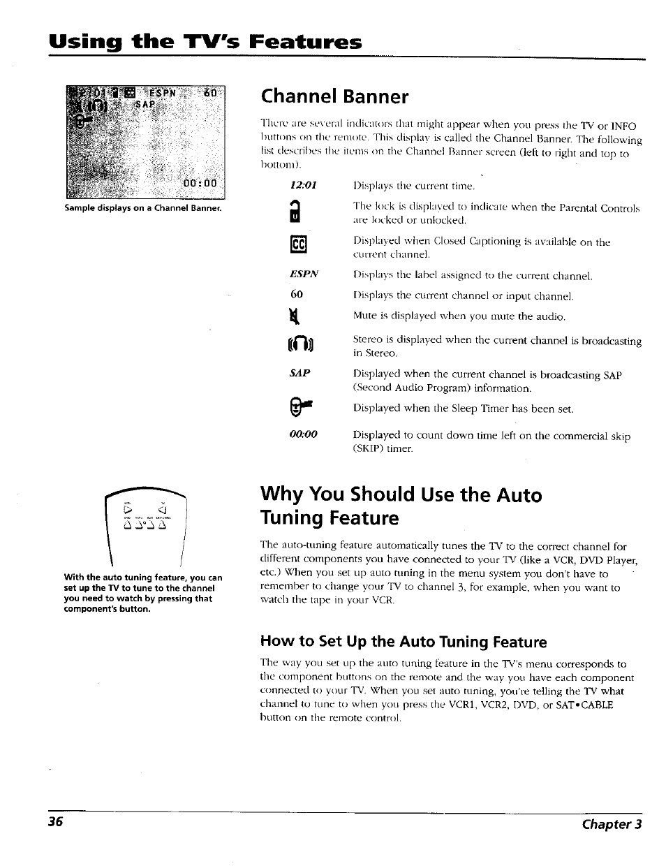 Channel banner, Why you should use the auto tuning feature, How to set up the auto tuning feature | Using the tv's features | RCA 15491880 User Manual | Page 38 / 64