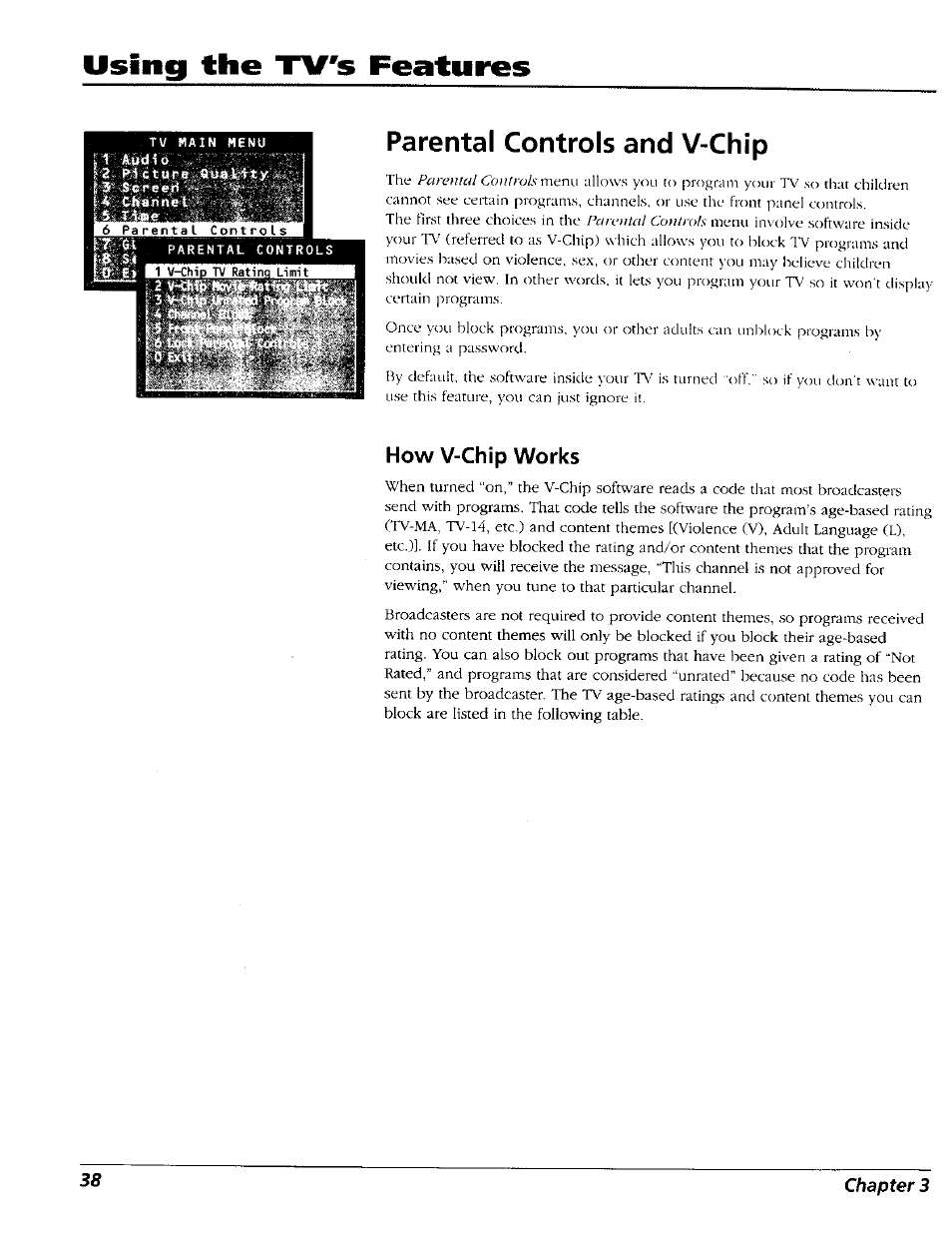 Parental controls and v-chip, How v-chip works, Using the tv's features | RCA 15491880 User Manual | Page 40 / 64