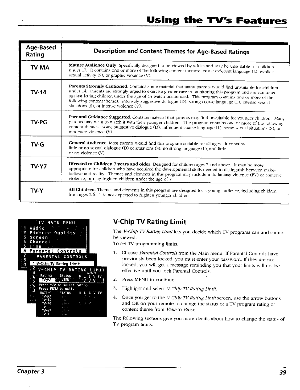 V-chip tv rating limit, Using the tv's features | RCA 15491880 User Manual | Page 41 / 64
