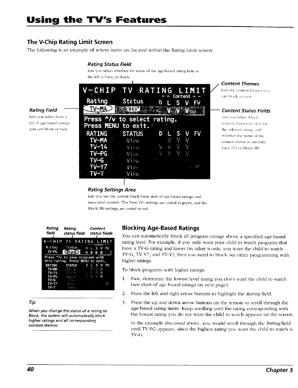 The v-chip rating limit screen, Blocking age-based ratings, Using the tv's features | RCA 15491880 User Manual | Page 42 / 64