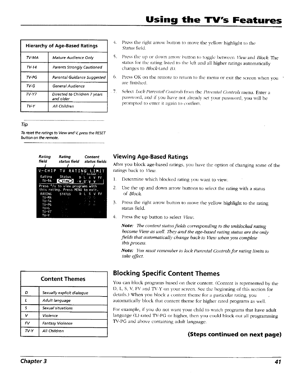 Viewing age-based ratings, Blocking specific content themes, Using the tv's features | Content themes | RCA 15491880 User Manual | Page 43 / 64