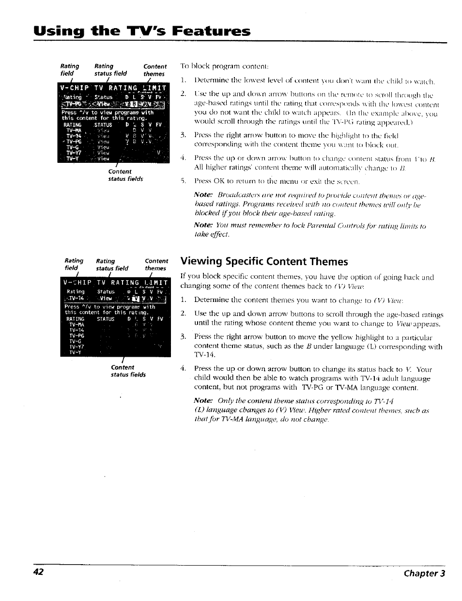 Using the tv's features, Viewing specific content themes, 42 chapter 3 | RCA 15491880 User Manual | Page 44 / 64