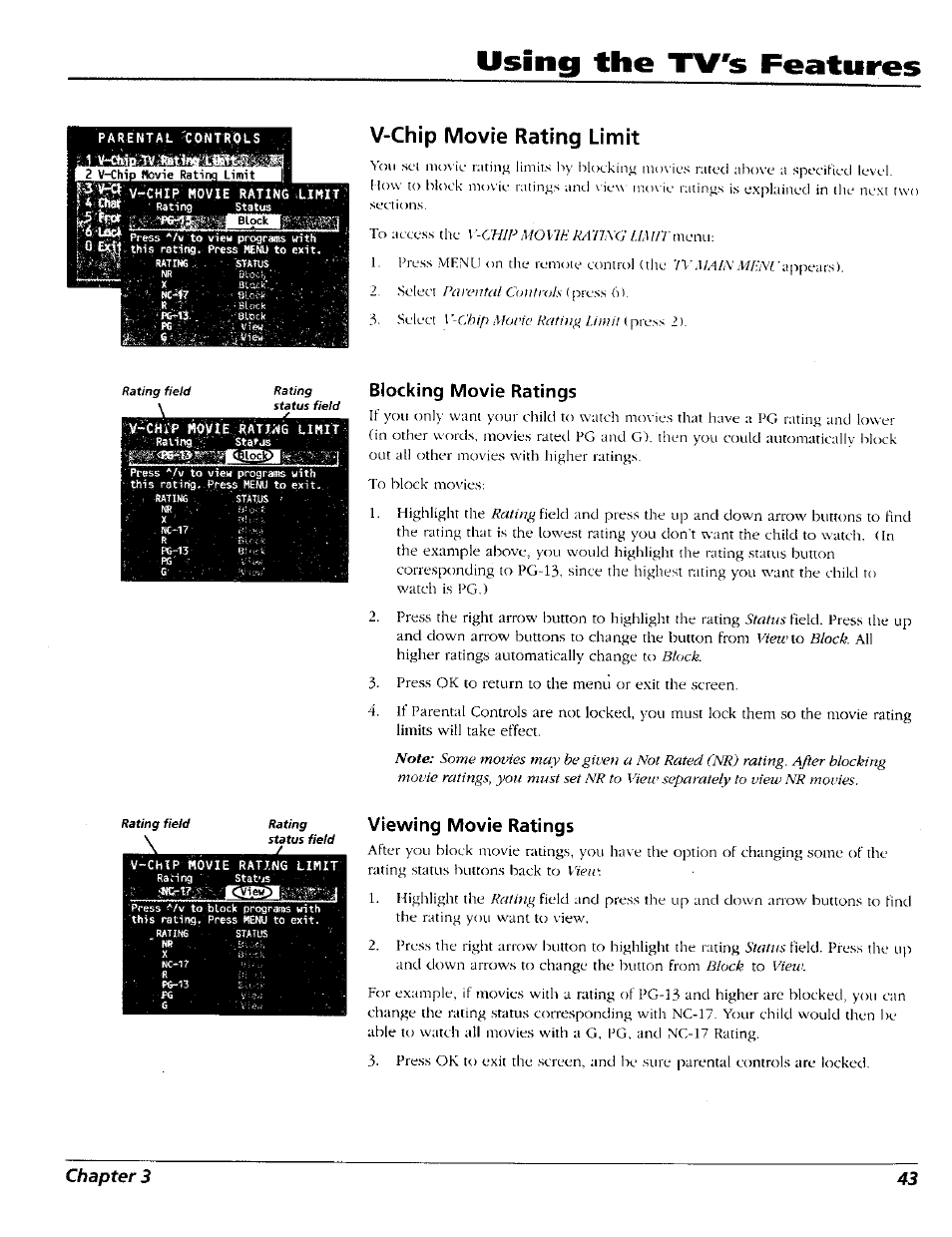 V-chip movie rating limit, Blocking movie ratings, Viewing movie ratings | Using the tv's features | RCA 15491880 User Manual | Page 45 / 64