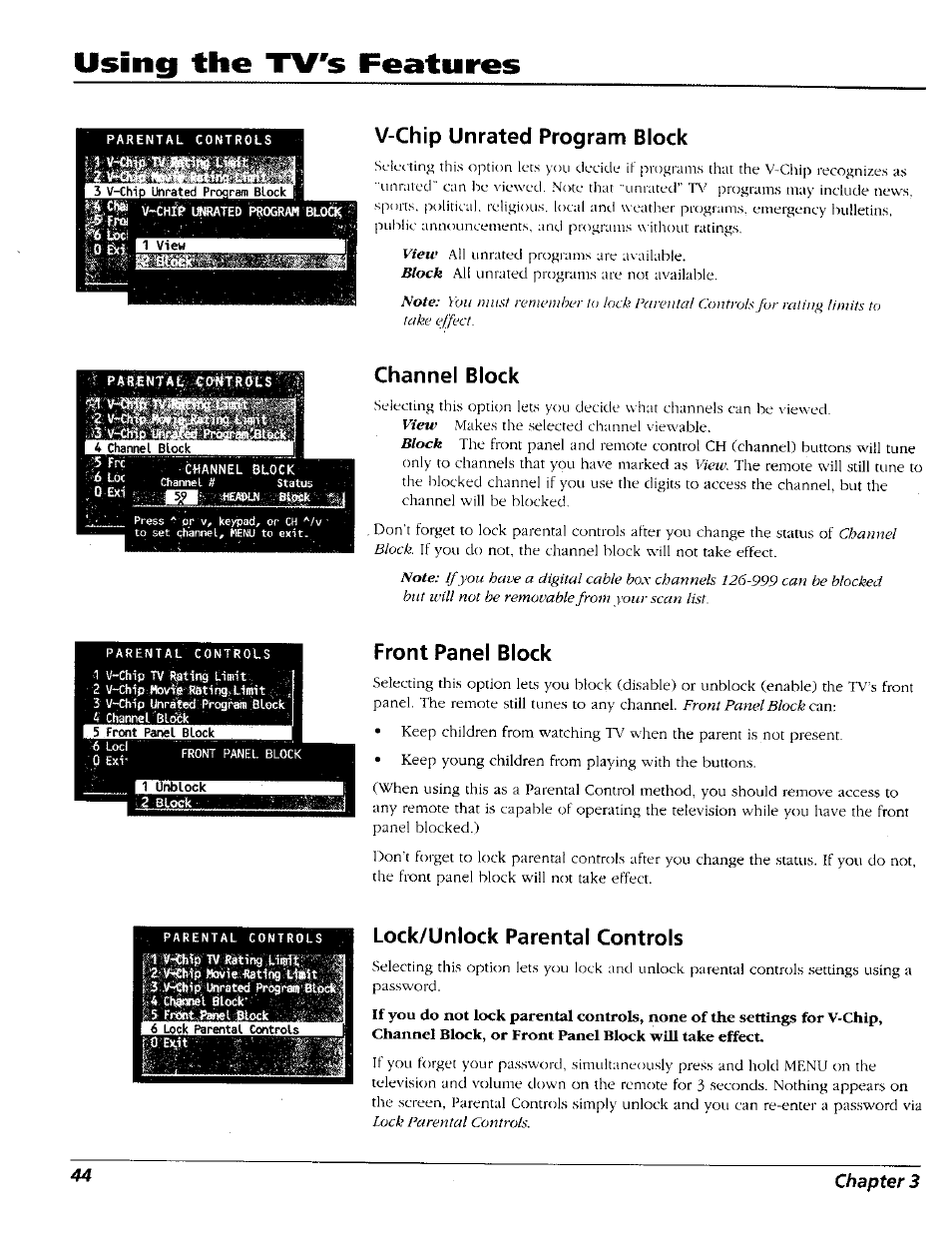 V-chip unrated program block, Channel block, Isis | Front panel block, Lock/unlock parental controls, Using the tv's features | RCA 15491880 User Manual | Page 46 / 64