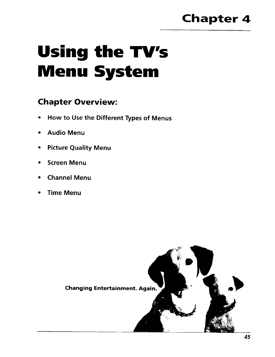 Chapter 4, Using the tv's menu system, Chapter overview | RCA 15491880 User Manual | Page 47 / 64