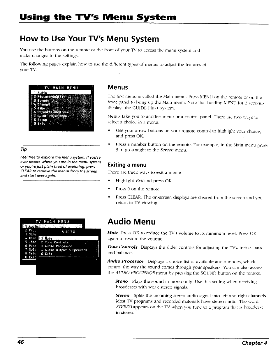 How to use your tv's menu system, Menus, Exiting a menu | Audio menu, Usingi the tv's menu system | RCA 15491880 User Manual | Page 48 / 64