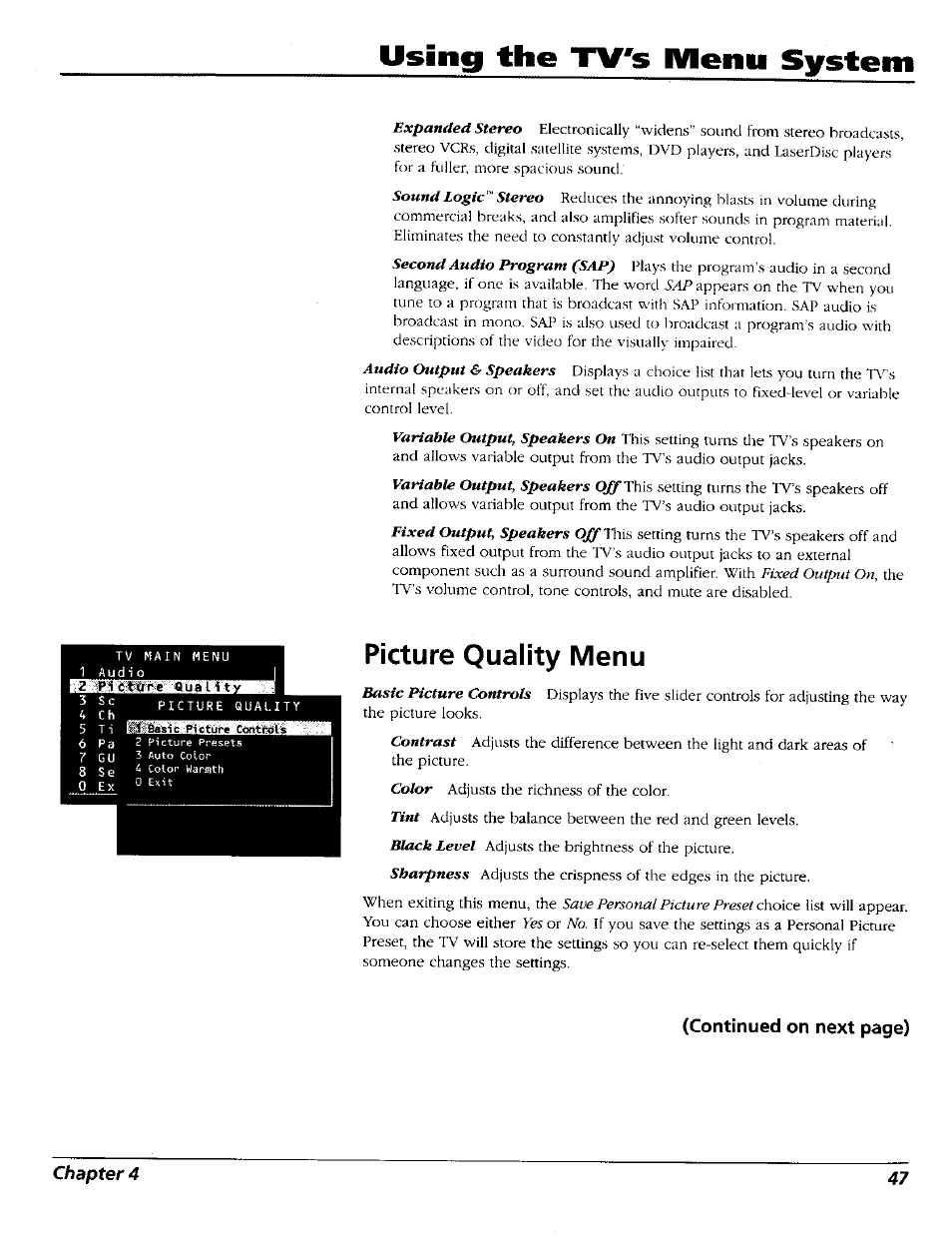 Using the tv's ivienu system, Picture quality menu | RCA 15491880 User Manual | Page 49 / 64