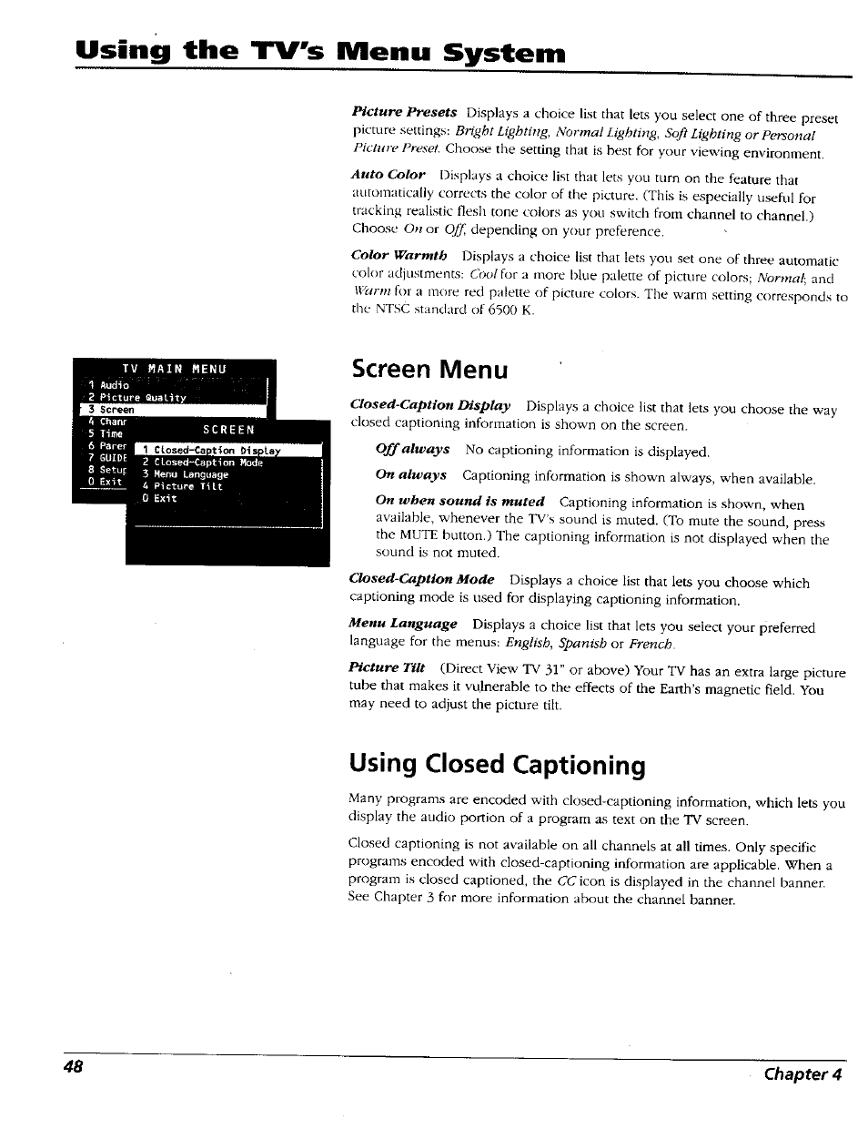 Screen menu, Using closed captioning, Using the tv's menu system | RCA 15491880 User Manual | Page 50 / 64