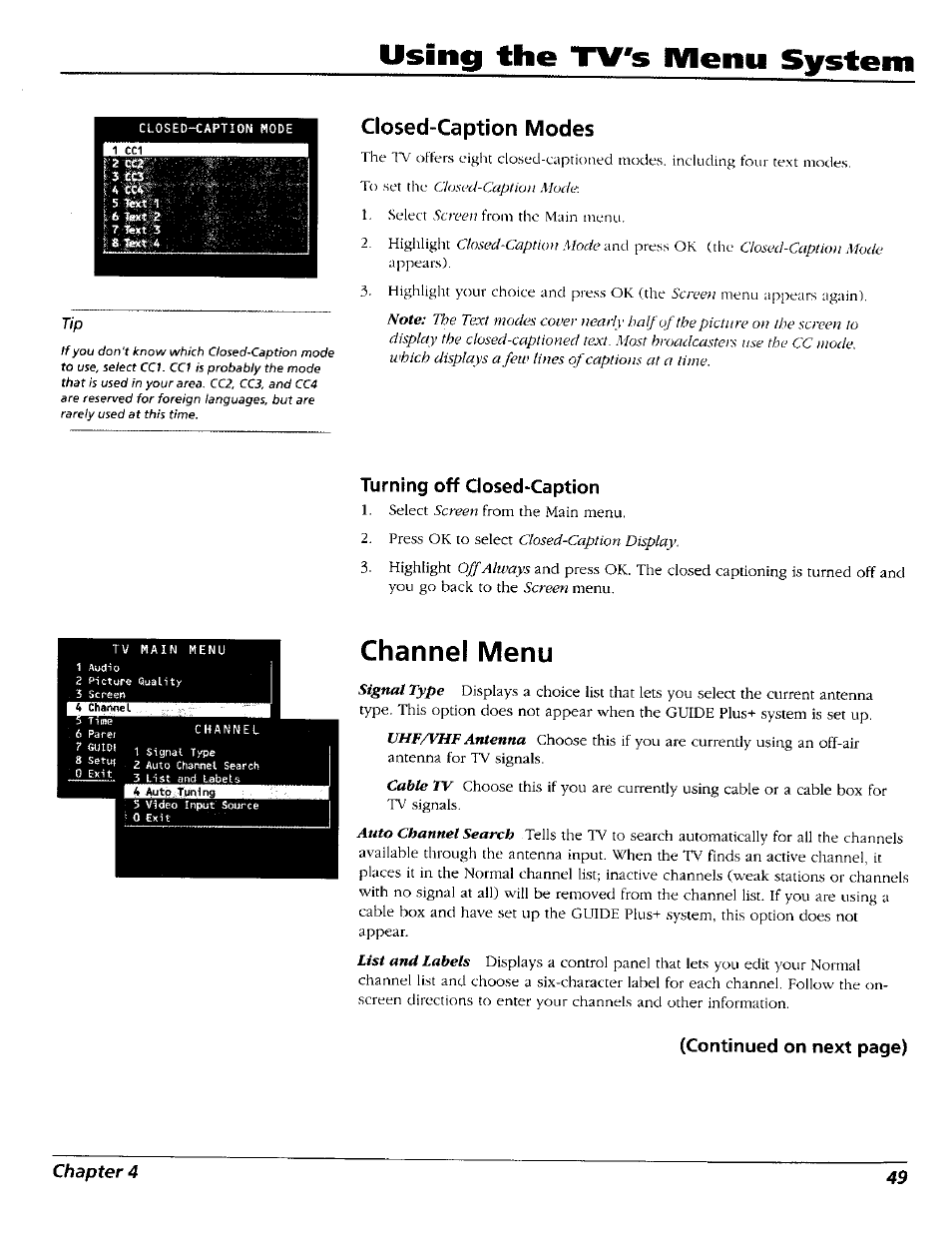 Closed-caption modes, Turning off closed-caption, Channel menu | Using the tv's мепц system, Continued on next page) | RCA 15491880 User Manual | Page 51 / 64