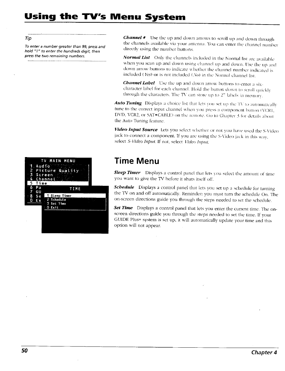 Time menu, Using the tv^s menu system | RCA 15491880 User Manual | Page 52 / 64