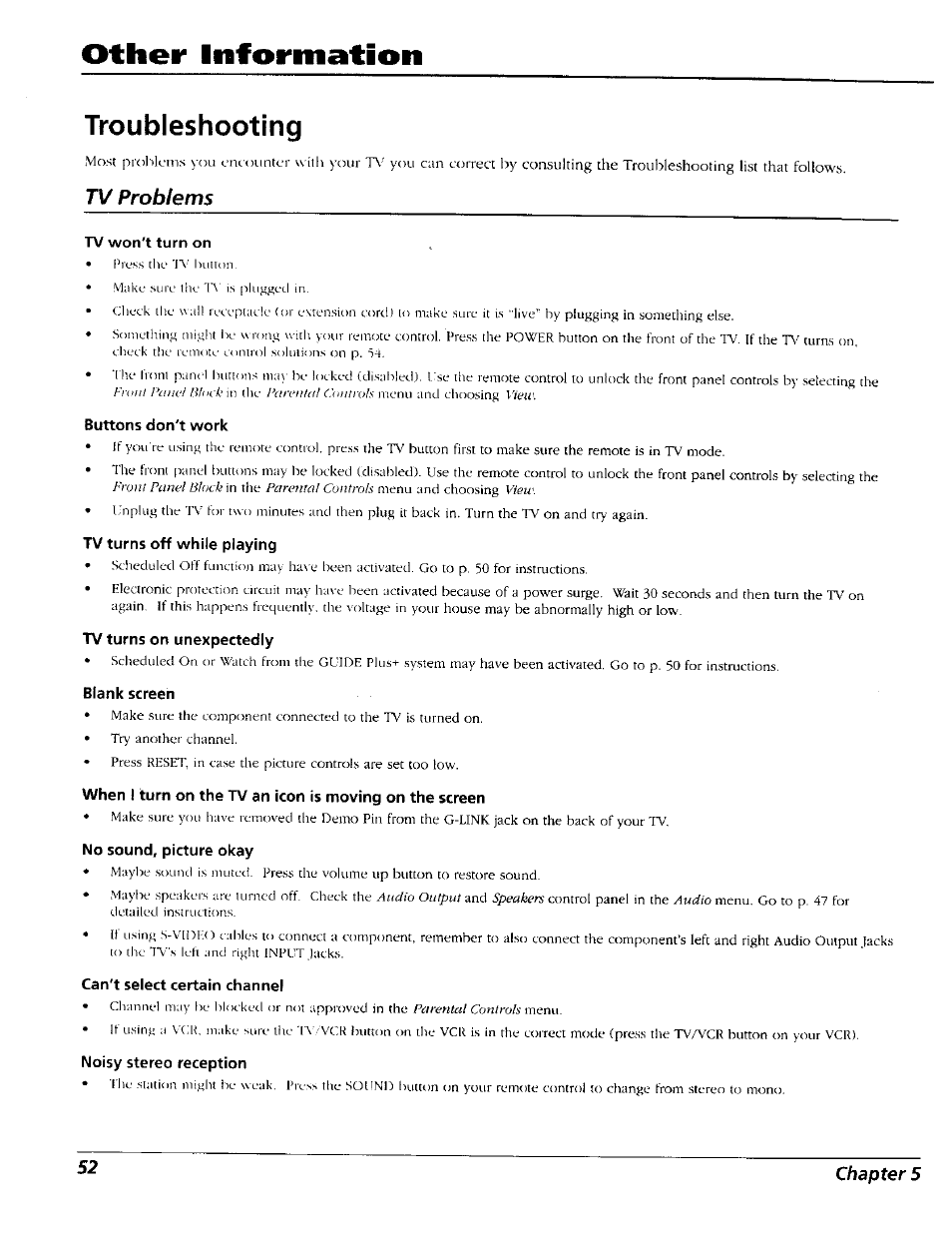 Troubleshooting, Other information, Tv problems | RCA 15491880 User Manual | Page 54 / 64