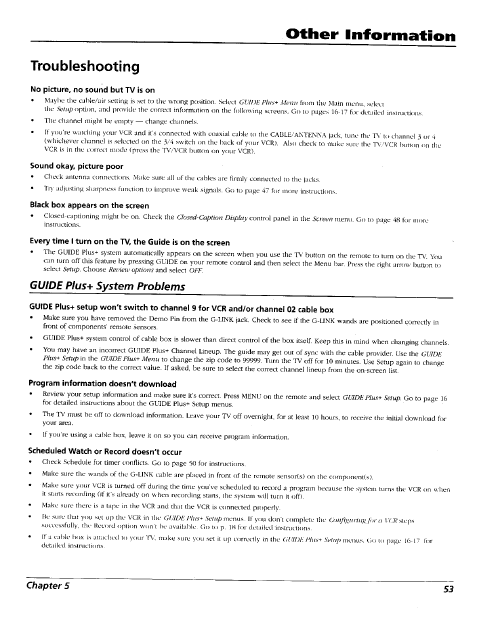 Troubleshooting, Other information, Guide plus+ system problems | RCA 15491880 User Manual | Page 55 / 64