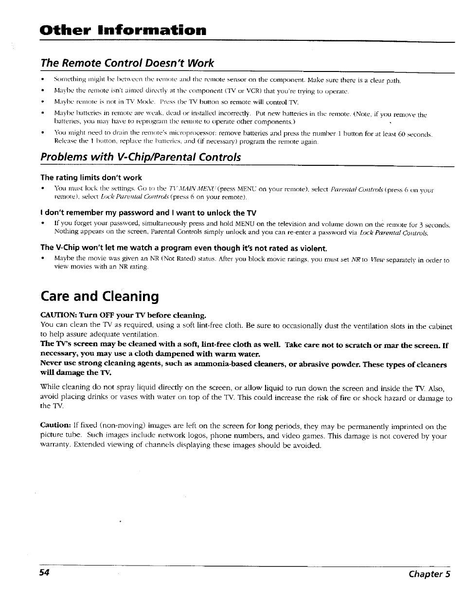 The rating limits don't work, Care and cleaning, Other information | The remote control doesn't work, Problems with v-chip/parental controls | RCA 15491880 User Manual | Page 56 / 64