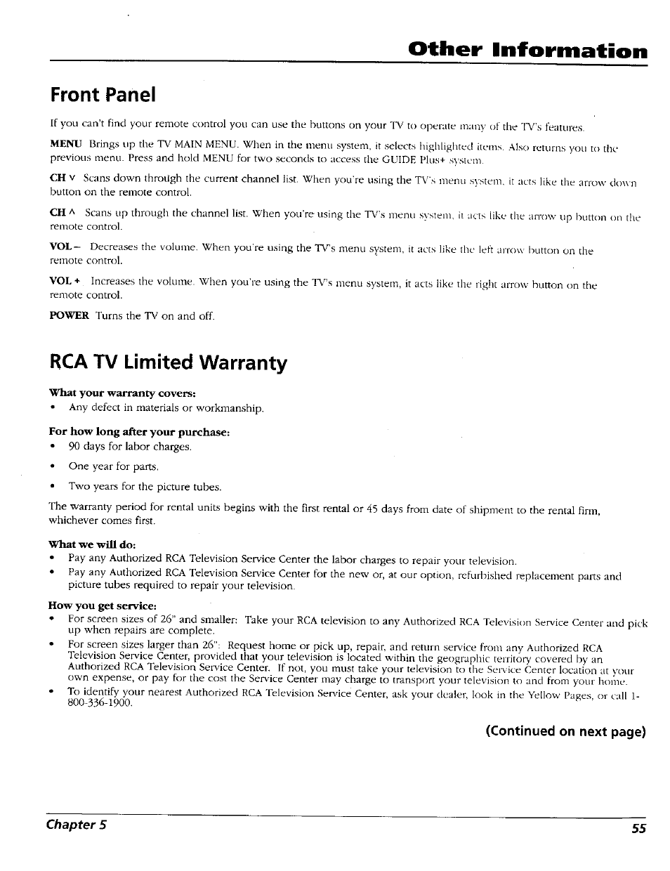 Front panel, Rca tv limited warranty, Other information | RCA 15491880 User Manual | Page 57 / 64