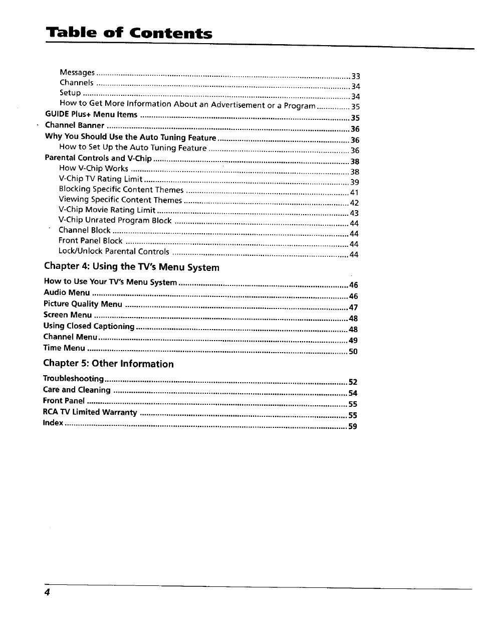 T^ble of contents, Chapter 4: using the tv's menu system, Chapter 5; other information | RCA 15491880 User Manual | Page 6 / 64