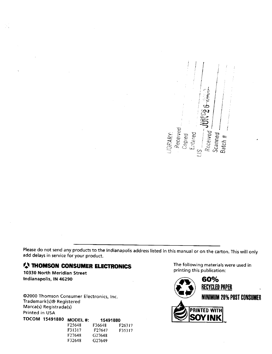 Soyink, 74) recycled paper . minimum 20% post consumer | RCA 15491880 User Manual | Page 64 / 64