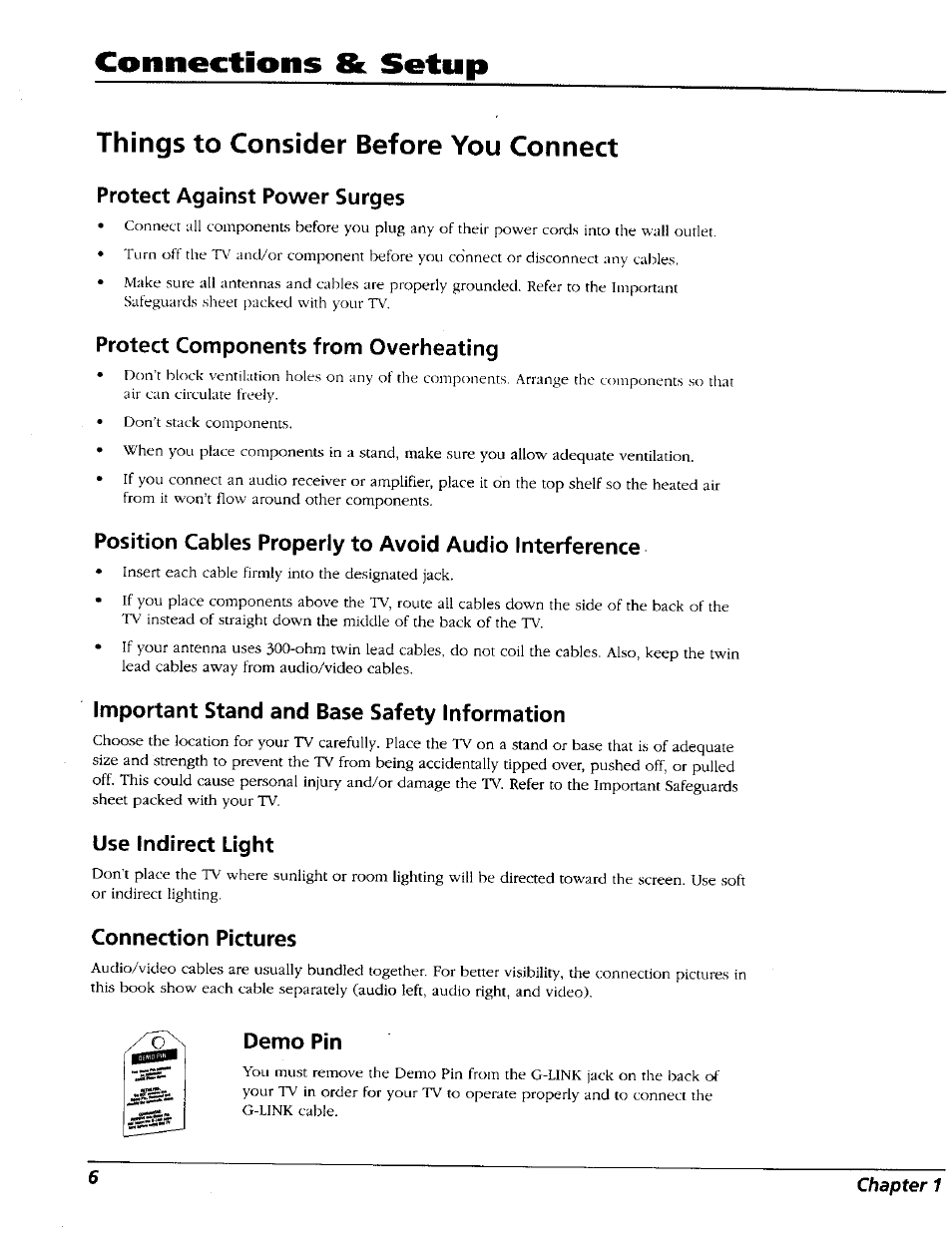 Things to consider before you connect, Protect against power surges, Protect components from overheating | Important stand and base safety information, Use indirect light, Connection pictures, Demo pin, Coimections & setup | RCA 15491880 User Manual | Page 8 / 64