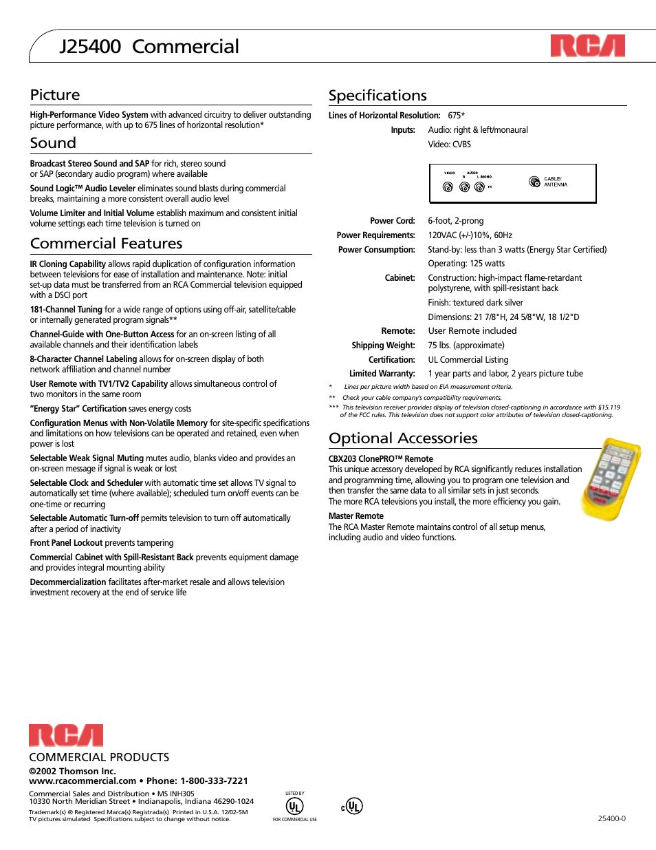 Specifications, Optional accessories, Picture | Sound, Commercial features, Commercial products | RCA J25400 User Manual | Page 2 / 2