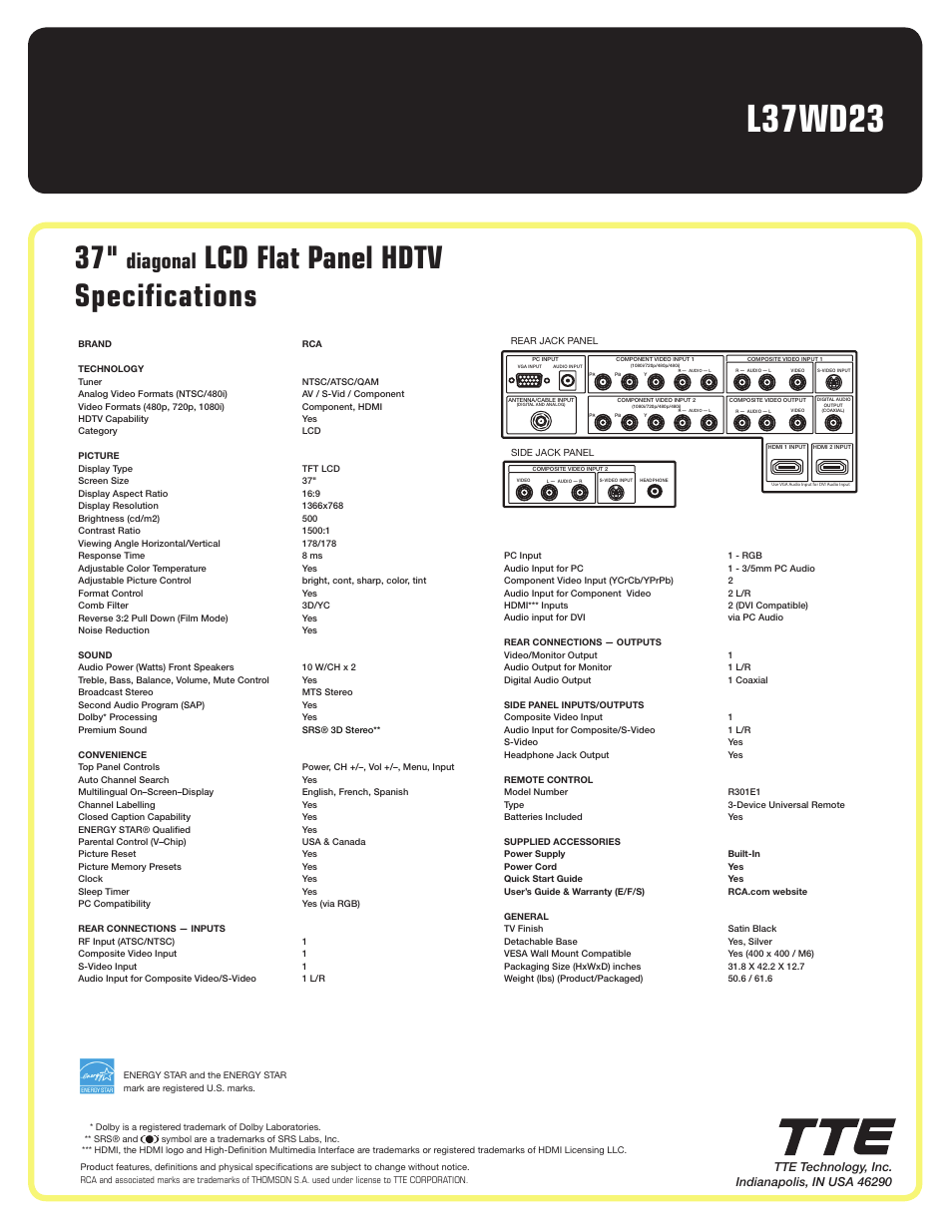 L37wd23, Lcd flat panel hdtv specifications, Diagonal | RCA L37WD23 User Manual | Page 2 / 2