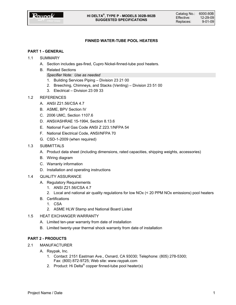 Raypak 902B User Manual | 5 pages