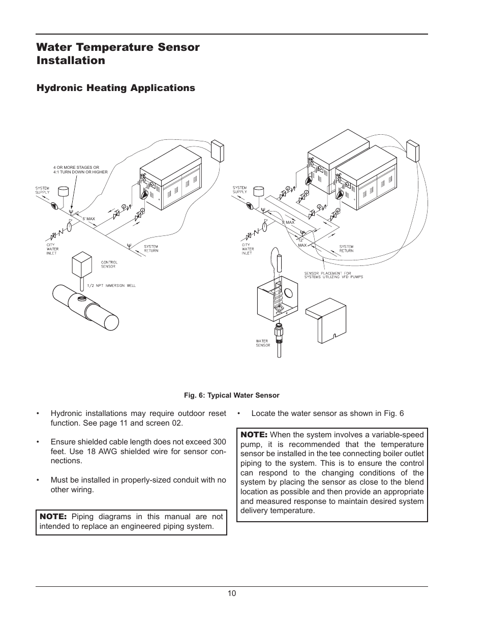 Water temperature sensor installation, Hydronic heating applications | Raypak Y-200 User Manual | Page 10 / 40