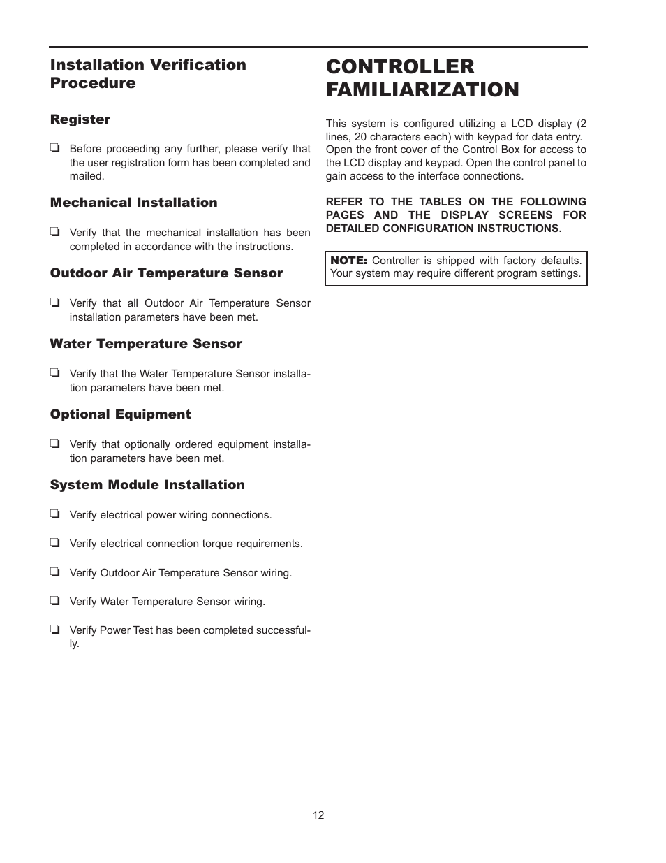 Controller familiarization, Installation verification procedure | Raypak Y-200 User Manual | Page 12 / 40