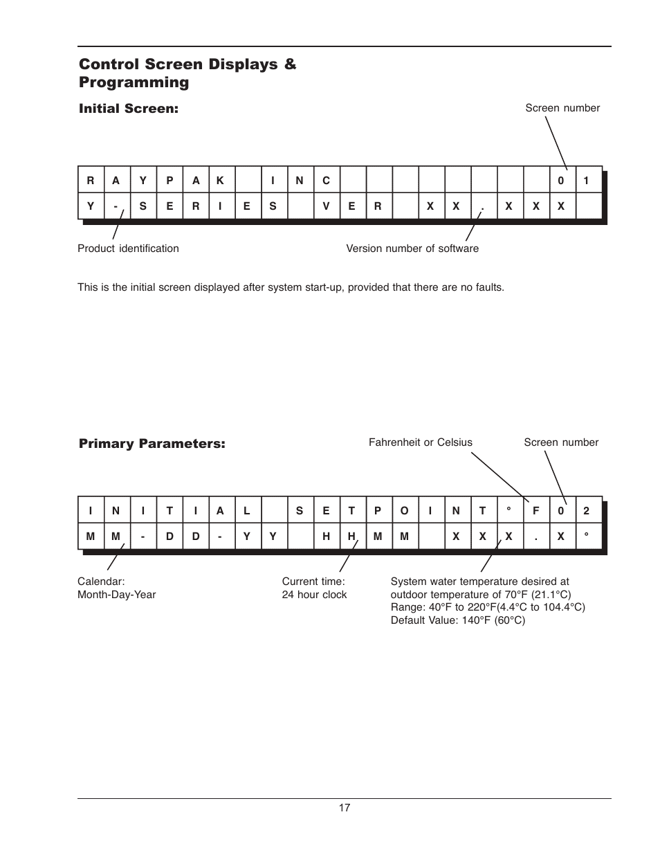 Control screen displays & programming | Raypak Y-200 User Manual | Page 17 / 40