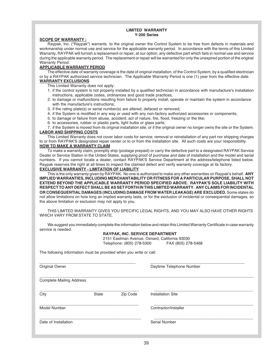 Raypak Y-200 User Manual | Page 39 / 40