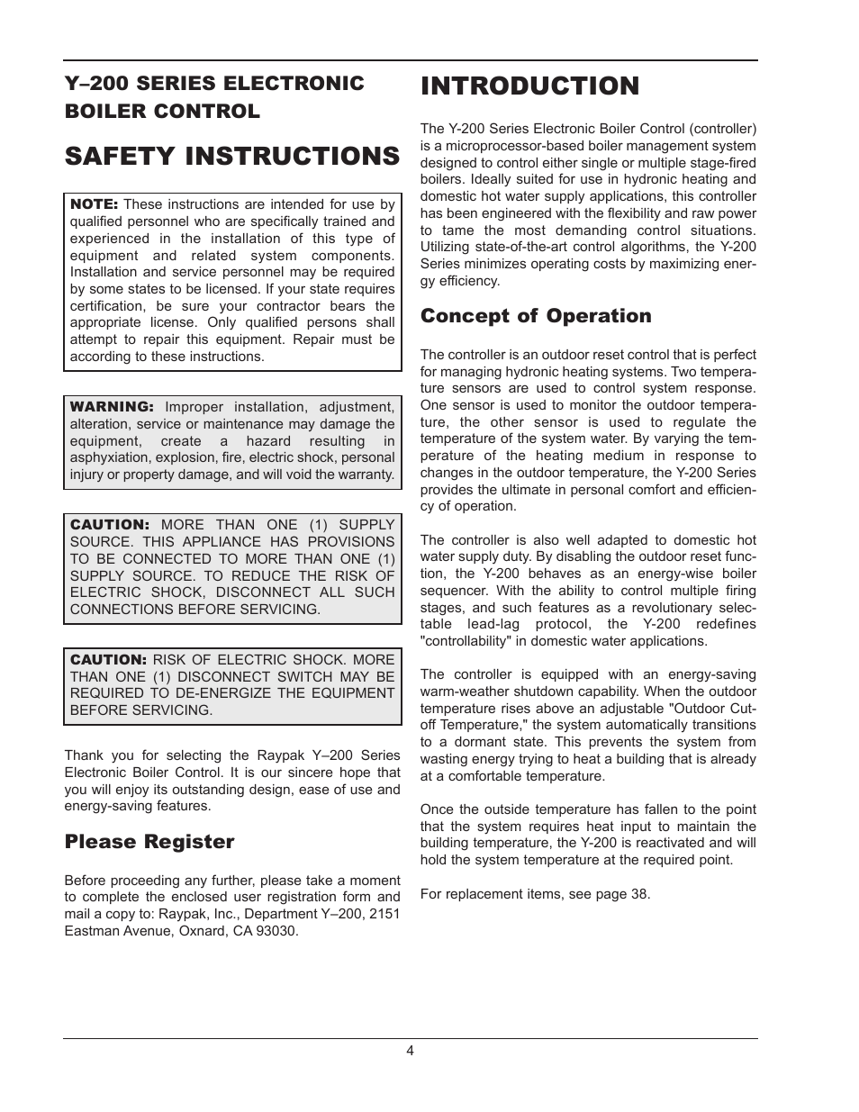 Safety instructions, Introduction, Y–200 series electronic boiler control | Please register, Concept of operation | Raypak Y-200 User Manual | Page 4 / 40