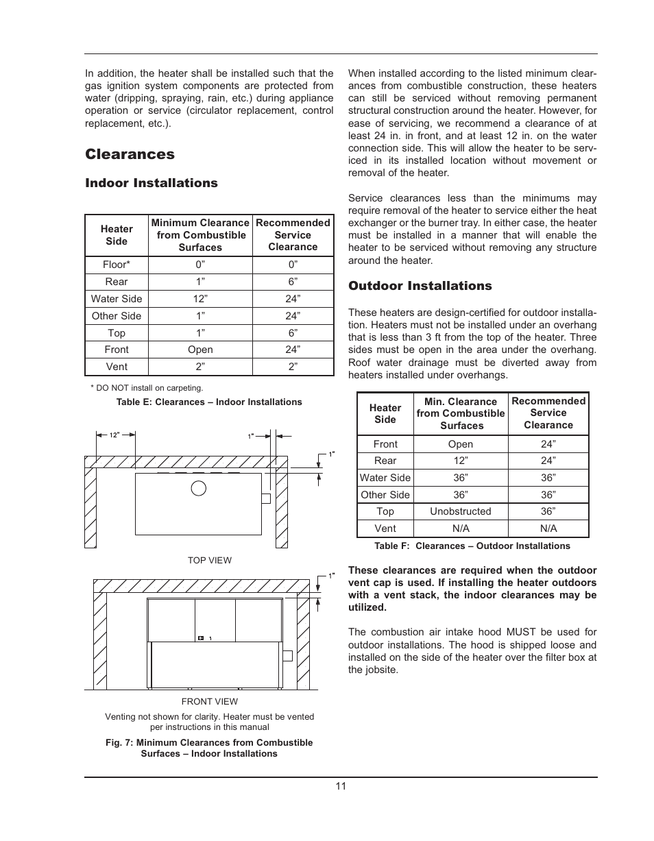 Clearances, Indoor installations, Outdoor installations | Raypak HIDELTA 992B User Manual | Page 11 / 68