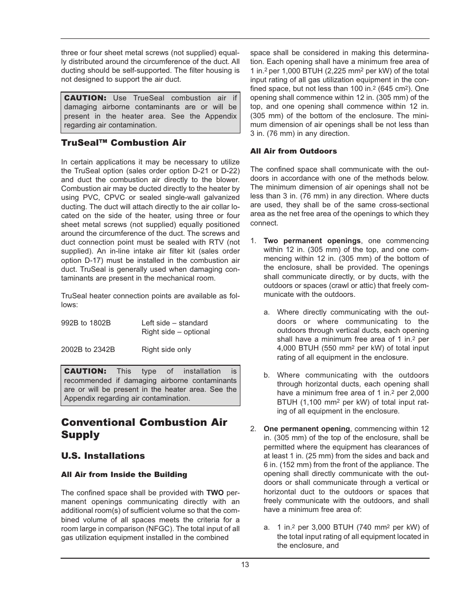 Conventional combustion air supply, Truseal™ combustion air, U.s. installations | Raypak HIDELTA 992B User Manual | Page 13 / 68