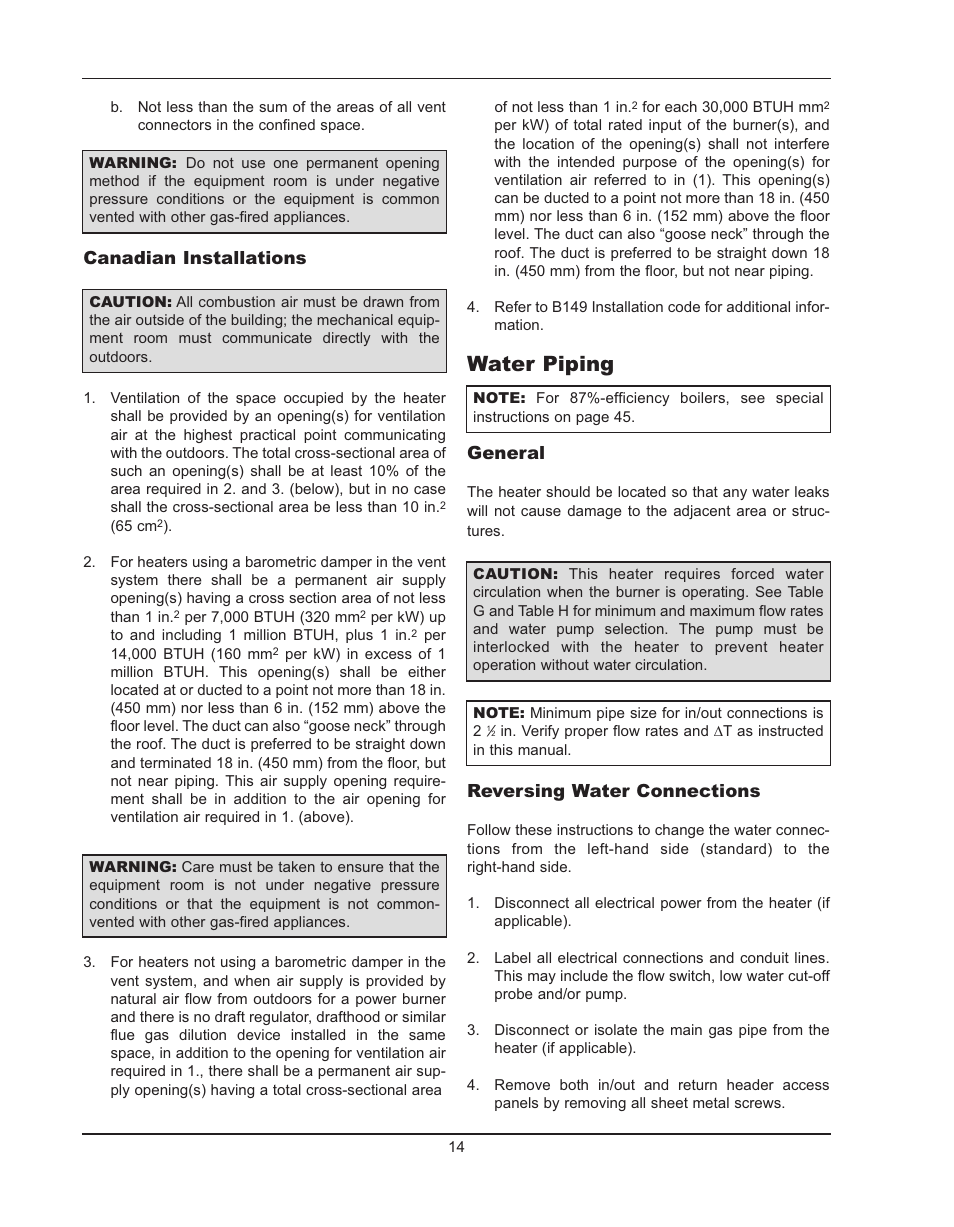 Water piping, General, Reversing water connections | Canadian installations | Raypak HIDELTA 992B User Manual | Page 14 / 68