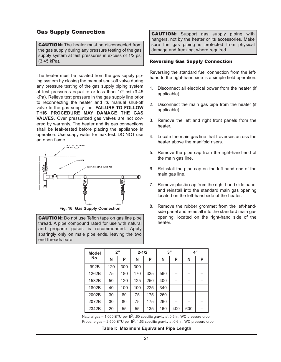 Gas supply connection | Raypak HIDELTA 992B User Manual | Page 21 / 68