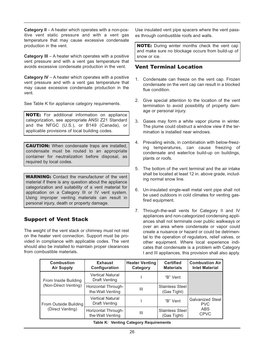 Support of vent stack, Vent terminal location | Raypak HIDELTA 992B User Manual | Page 26 / 68