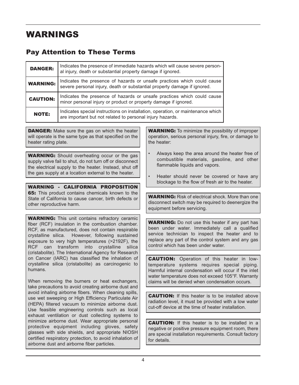 Warnings, Pay attention to these terms | Raypak HIDELTA 992B User Manual | Page 4 / 68