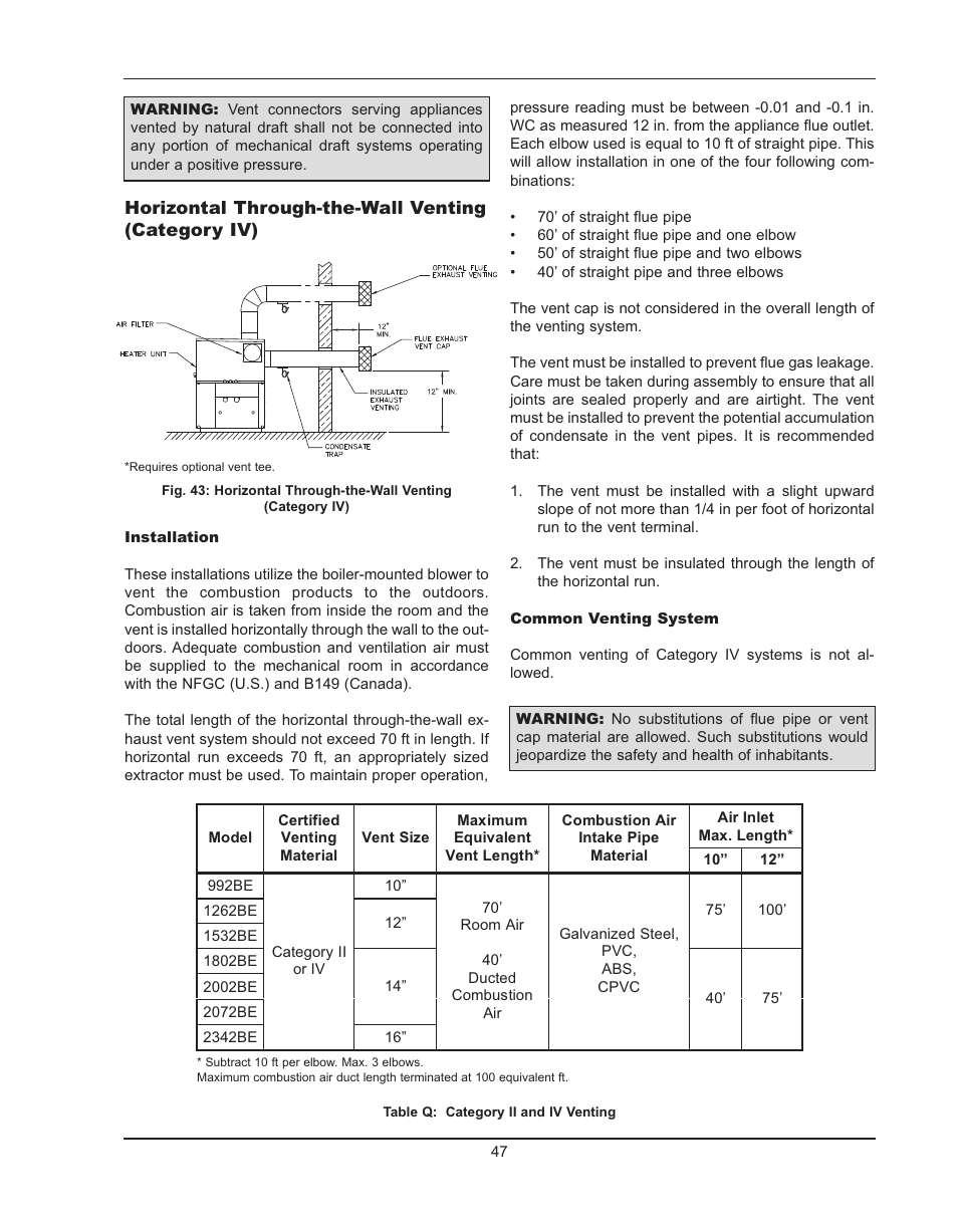 Horizontal through-the-wall venting (category iv) | Raypak HIDELTA 992B User Manual | Page 47 / 68