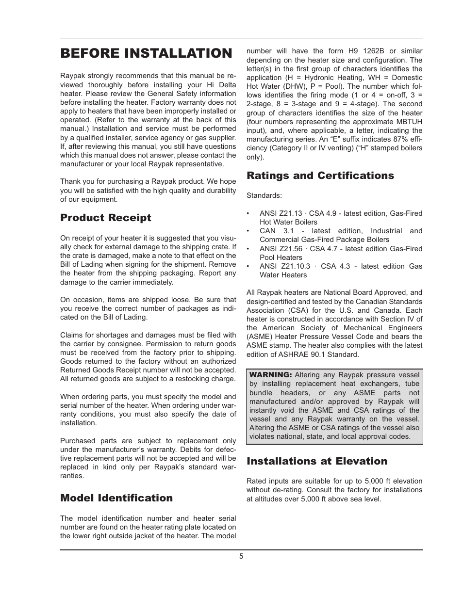 Before installation, Product receipt, Model identification | Ratings and certifications, Installations at elevation | Raypak HIDELTA 992B User Manual | Page 5 / 68