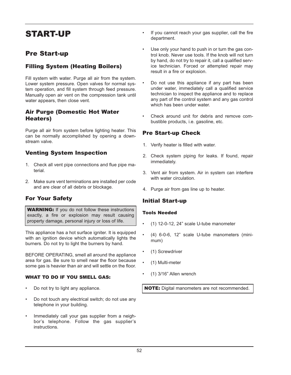 Start-up, Pre start-up | Raypak HIDELTA 992B User Manual | Page 52 / 68