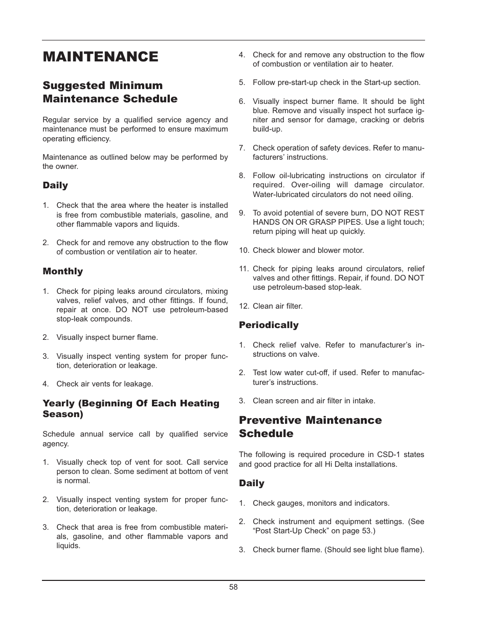 Maintenance, Suggested minimum maintenance schedule, Preventive maintenance schedule | Raypak HIDELTA 992B User Manual | Page 58 / 68