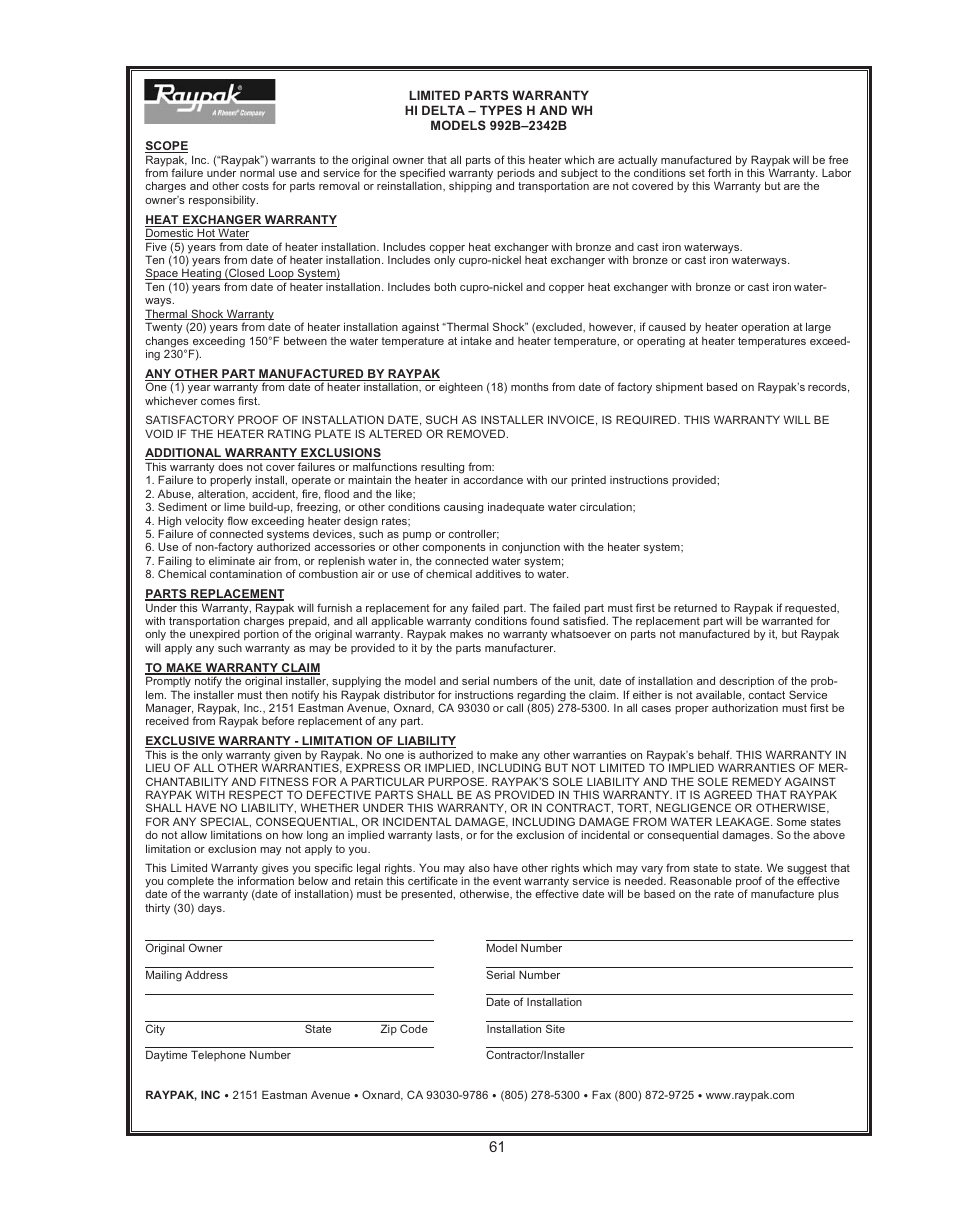 Raypak HIDELTA 992B User Manual | Page 61 / 68