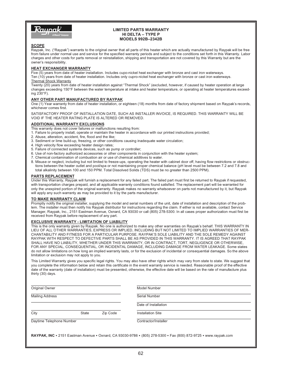 Raypak HIDELTA 992B User Manual | Page 62 / 68