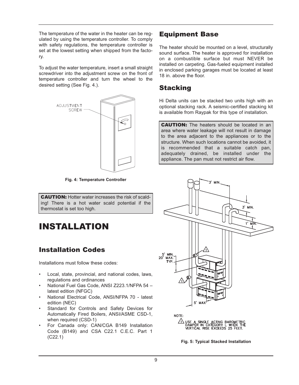 Installation, Installation codes, Equipment base | Stacking | Raypak HIDELTA 992B User Manual | Page 9 / 68