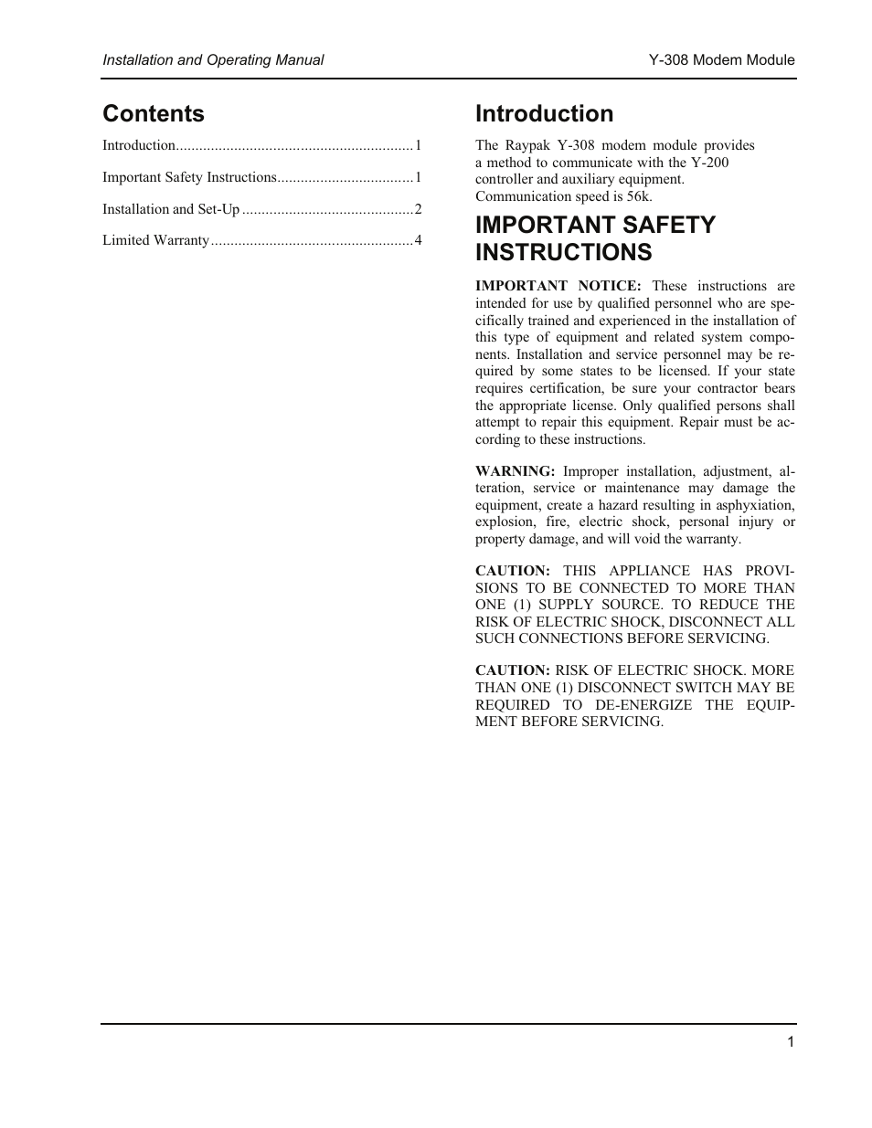 Raypak 56K Modem Module Y-308 User Manual | Page 2 / 6