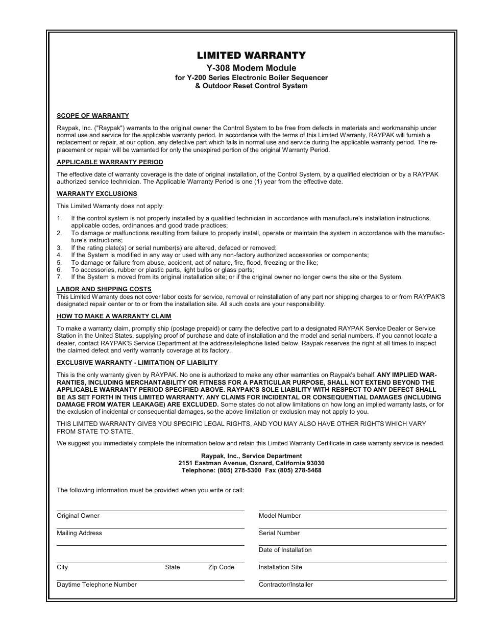 Limited warranty, Y-308 modem module | Raypak 56K Modem Module Y-308 User Manual | Page 5 / 6