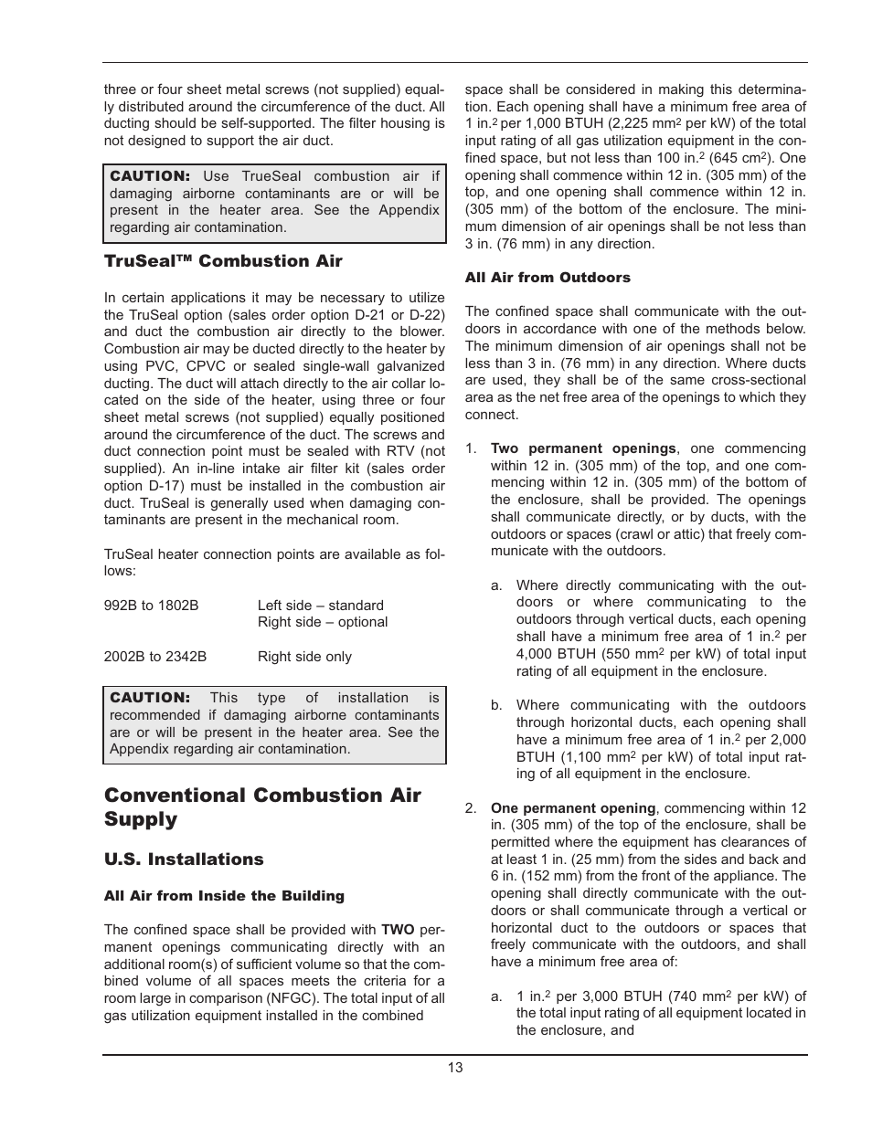 Conventional combustion air supply, Truseal™ combustion air, U.s. installations | Raypak Hi Delta 992B-1262B User Manual | Page 13 / 66