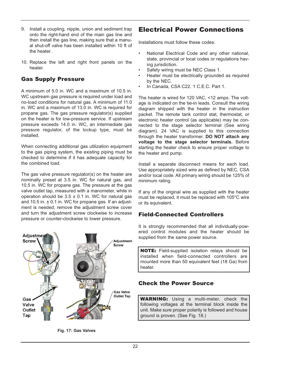 Electrical power connections | Raypak Hi Delta 992B-1262B User Manual | Page 22 / 66